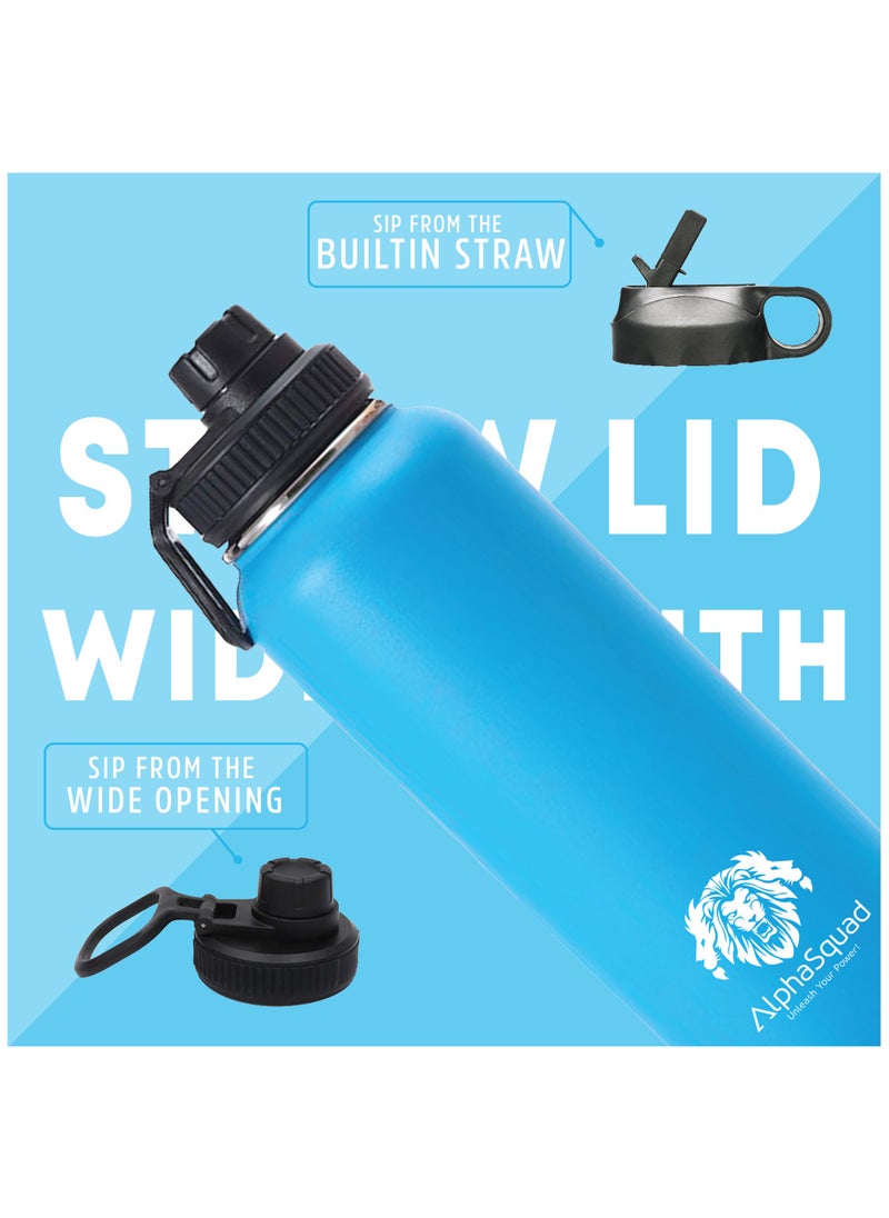 AlphaSquad - 40Oz / 1200Ml Vacuum Insulated Flask, Double Walled Thermolab Series Stainless Steel Sports Water Bottle With Straw Lid, 2 Lids Included, Hot Cold Thermos, Sports Bottle (Blue) - Image 1