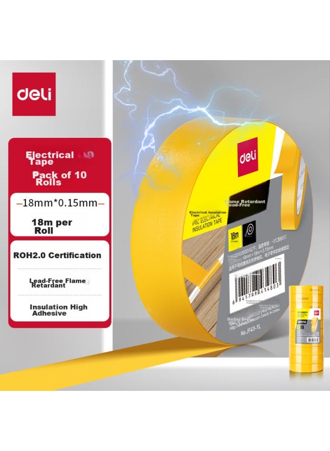 ديلي Deli Pvc شريط عزل كهربائي، مقاوم للماء، مقاوم للهب، مقاوم لدرجات الحرارة المنخفضة، 18mm*18m*0.15mm، أصفر، 18 متر، 10 لفات، Jf411-yl - Image 1