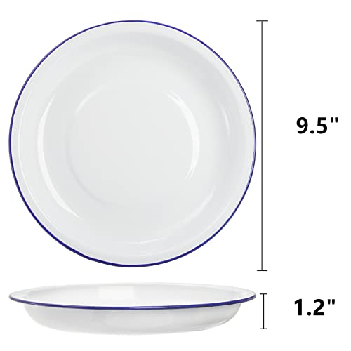 Dicunoy Set of 5 Enamel Plates, 9.5" Unbreakable Enamelware Dinner Serving Platter Trays, Retro White Round Shallow Bowls with Blue Rim for Pasta, Salad, Camping, Outdoor, Picnic, BBQ - Image 2