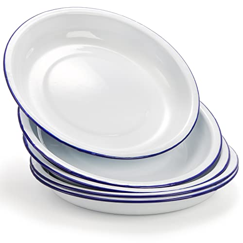 Dicunoy Set of 5 Enamel Plates, 9.5" Unbreakable Enamelware Dinner Serving Platter Trays, Retro White Round Shallow Bowls with Blue Rim for Pasta, Salad, Camping, Outdoor, Picnic, BBQ - Image 1