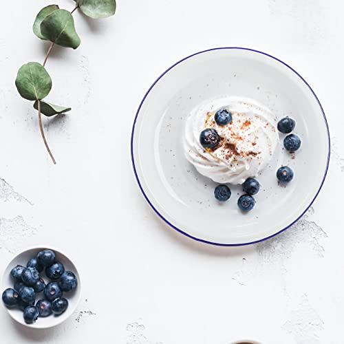 Dicunoy Set of 5 Enamel Plates, 9.5" Unbreakable Enamelware Dinner Serving Platter Trays, Retro White Round Shallow Bowls with Blue Rim for Pasta, Salad, Camping, Outdoor, Picnic, BBQ - Image 4