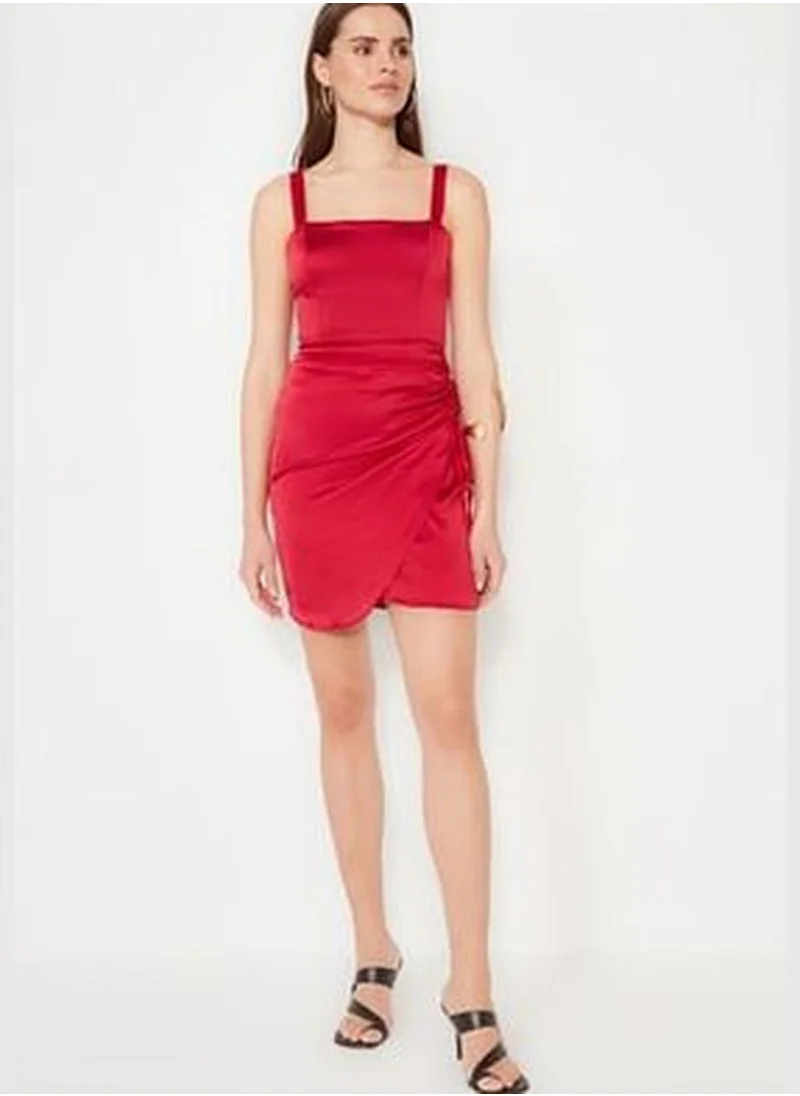 trendyol Claret Red with Pleated Satin Evening Dress TPRSS21EL2287