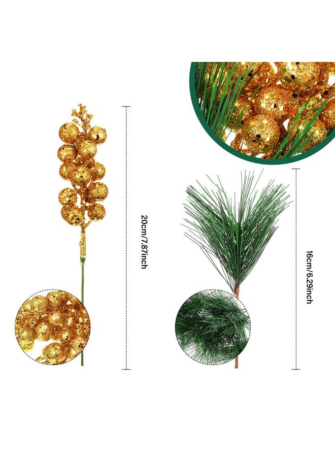 Geosar 24 Pieces Christmas Artificial Greenery Pine Branches Small Holly Artificial Berries Picks Bulk For Crafts Wreath Decorations Xmas Tree Party Gift For Christmas Holiday Decor (Gold)  - Image 2