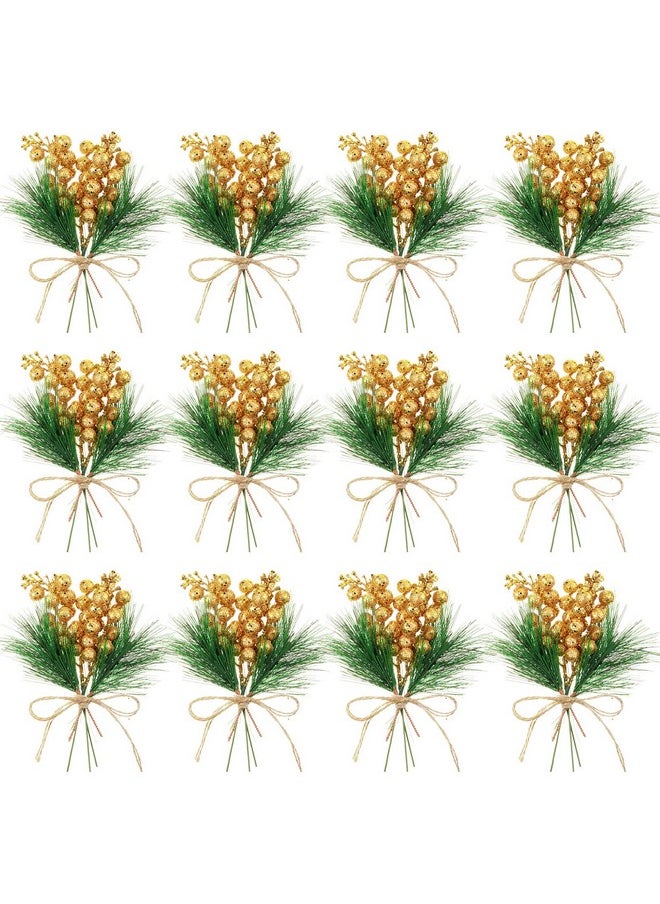 Geosar 24 Pieces Christmas Artificial Greenery Pine Branches Small Holly Artificial Berries Picks Bulk For Crafts Wreath Decorations Xmas Tree Party Gift For Christmas Holiday Decor (Gold)  - Image 1
