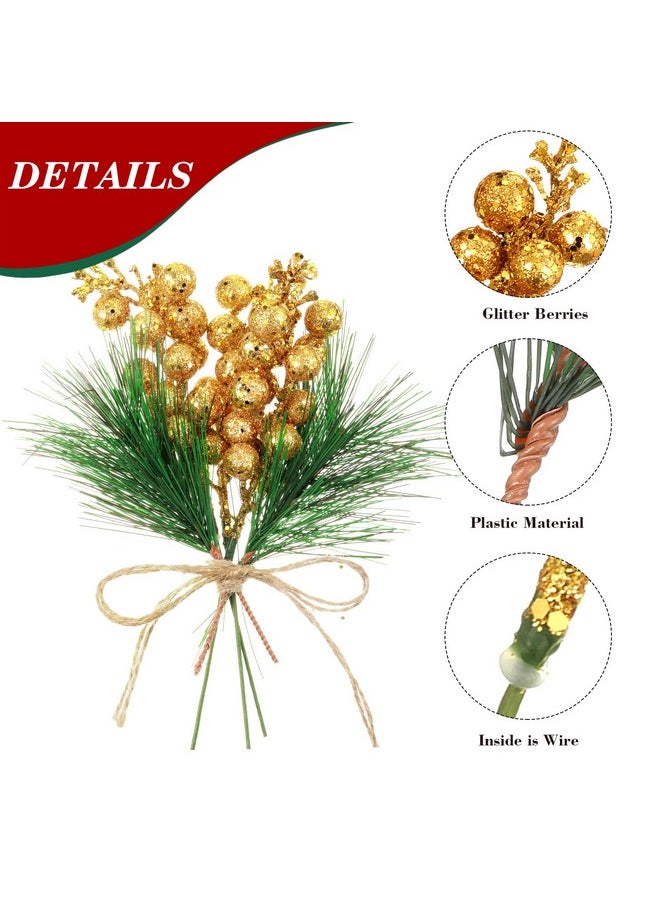 Geosar 24 Pieces Christmas Artificial Greenery Pine Branches Small Holly Artificial Berries Picks Bulk For Crafts Wreath Decorations Xmas Tree Party Gift For Christmas Holiday Decor (Gold)  - Image 3