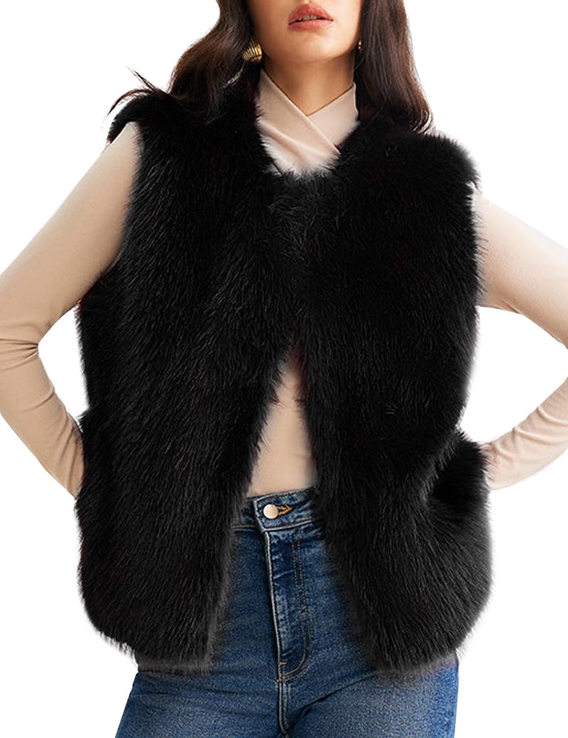 Flygo Faux Fur Vest Women Sleeveless Faux Fur Jacket Furry Open Front Cardigan Top Fluffy Winter Vest Outerwear(Black-L) - Image 1