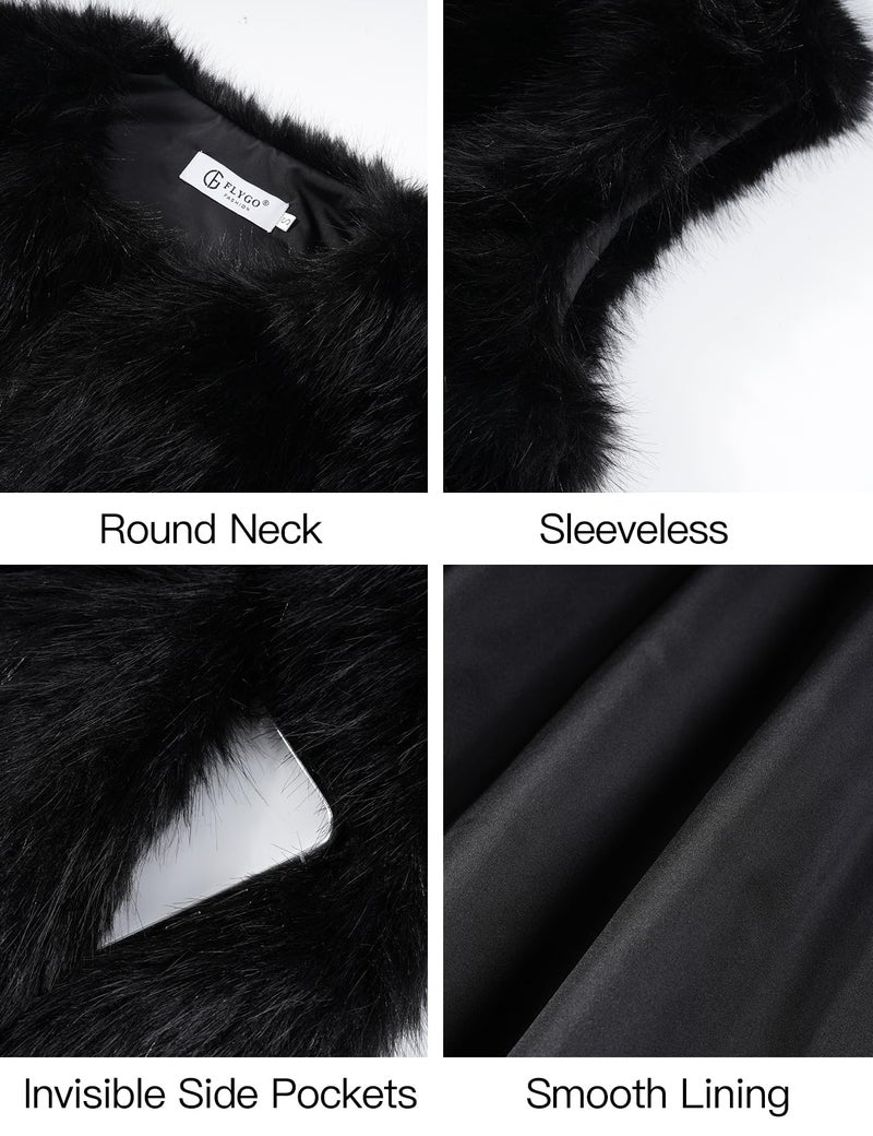 Flygo Faux Fur Vest Women Sleeveless Faux Fur Jacket Furry Open Front Cardigan Top Fluffy Winter Vest Outerwear(Black-L) - Image 5