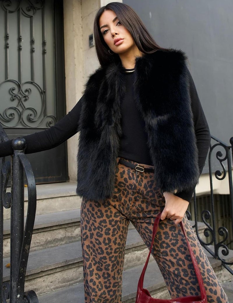 Flygo Faux Fur Vest Women Sleeveless Faux Fur Jacket Furry Open Front Cardigan Top Fluffy Winter Vest Outerwear(Black-L) - Image 2