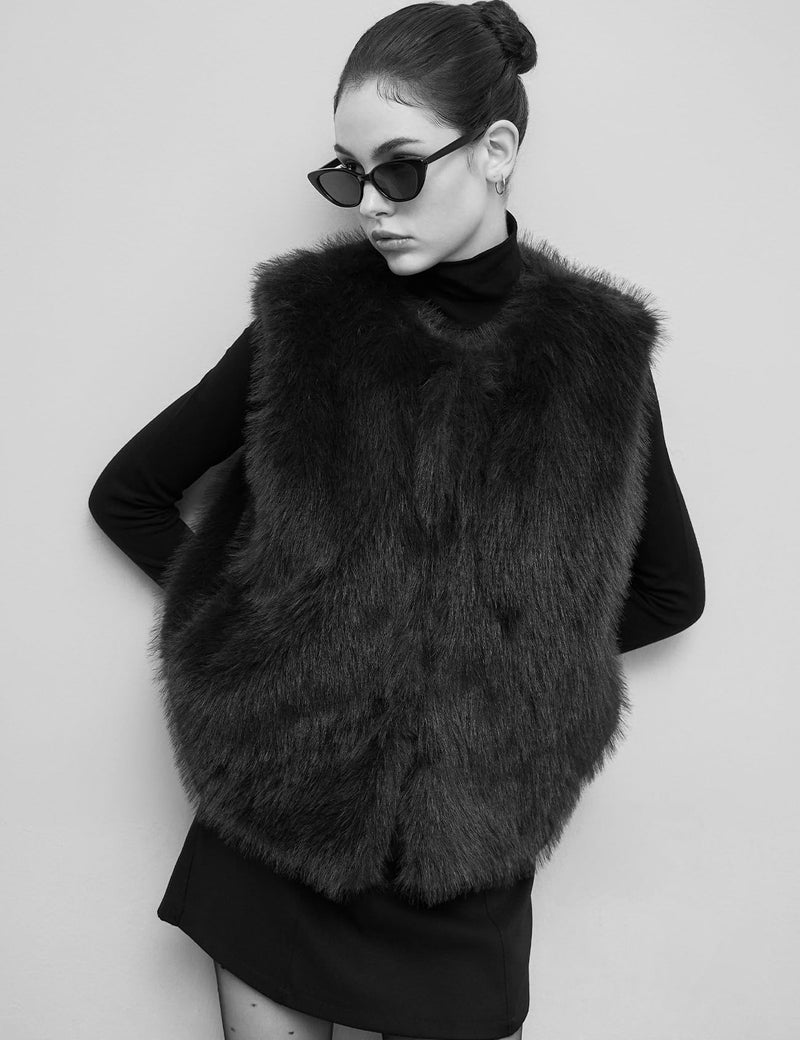 Flygo Faux Fur Vest Women Sleeveless Faux Fur Jacket Furry Open Front Cardigan Top Fluffy Winter Vest Outerwear(Black-L) - Image 4