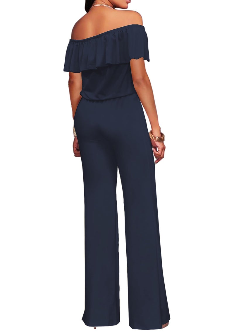 Hybrid & Company Women's Lightweight Off Shoulder Jumpsuit – Stretchy Wide Leg Romper – Casual to Formal One Piece Outfit KPVJ47696 NAVY XL - Image 3