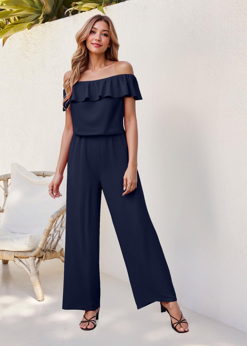 Hybrid & Company Women's Lightweight Off Shoulder Jumpsuit – Stretchy Wide Leg Romper – Casual to Formal One Piece Outfit KPVJ47696 NAVY XL - Image 5
