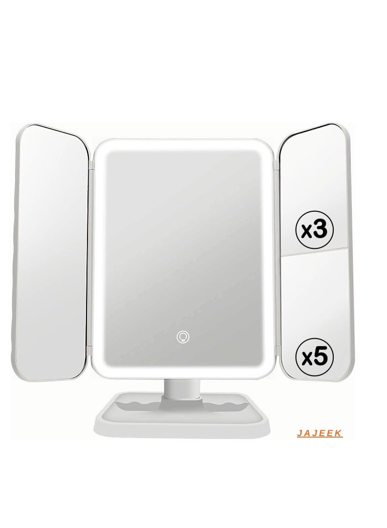 JAJEEK "3-Fold Lighted Makeup Mirror with 5X/3X/1X Magnification | 52 LED Vanity Mirror with Adjustable Brightness & Touch Screen Control | 180° Adjustable Rotation | Portable & Foldable Countertop Cosmetic Mirror for Flawless Makeup Application" - Image 1