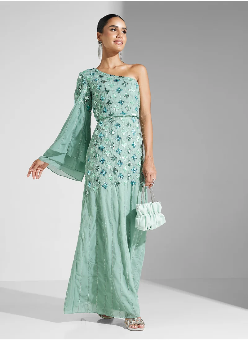 اميليا روز Embellished One Sholder Mesh Detailed Dress