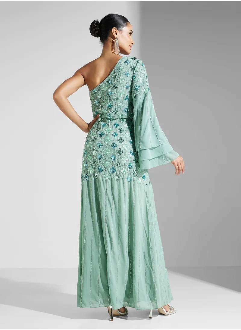 اميليا روز Embellished One Sholder Mesh Detailed Dress