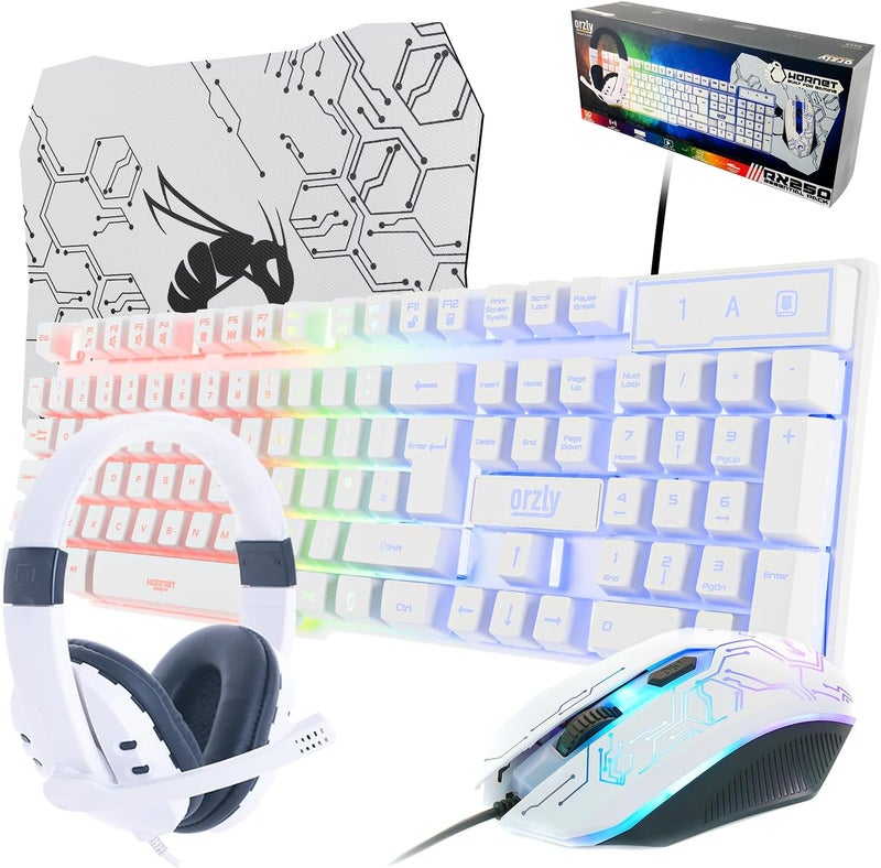Orzly Gaming Keyboard and Mouse and Gaming Headset & Mouse Pad, Wired LED RGB Backlight Bundle for PC Gamers Users - 4 in 1 White Edition Hornet RX-250 - Image 1