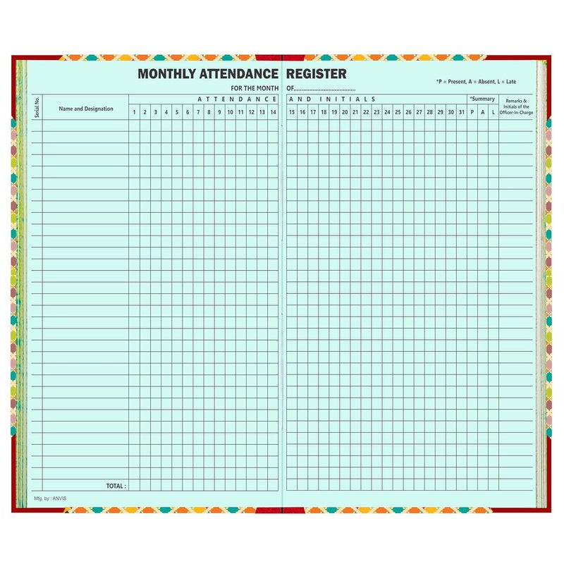 ANVIS Daily Attendance Register - Present, Absent, Late | 50 Sheets, 100 Pages | Hardbound Register for Schools and Universities - Image 1