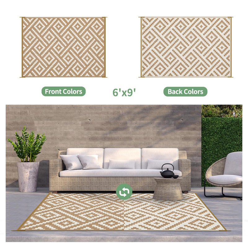 GENIMO Outdoor Rug for Patio Clearance, 6'x9' Waterproof Camping Mat, Reversible Plastic Straw Rugs for RV, Camper, Balcony, Backyard, Picnic, Deck (Brown & White) - Image 3