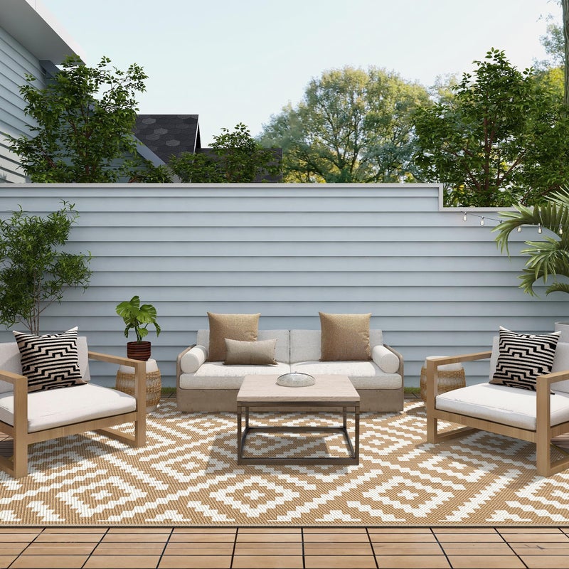 GENIMO Outdoor Rug for Patio Clearance, 6'x9' Waterproof Camping Mat, Reversible Plastic Straw Rugs for RV, Camper, Balcony, Backyard, Picnic, Deck (Brown & White) - Image 4