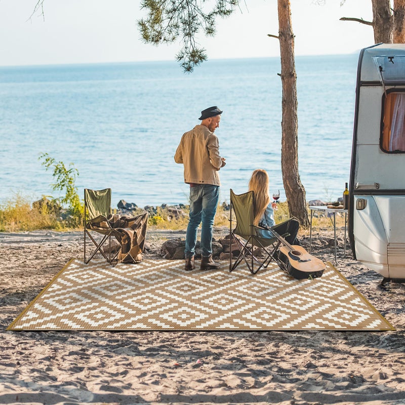 GENIMO Outdoor Rug for Patio Clearance, 6'x9' Waterproof Camping Mat, Reversible Plastic Straw Rugs for RV, Camper, Balcony, Backyard, Picnic, Deck (Brown & White) - Image 2