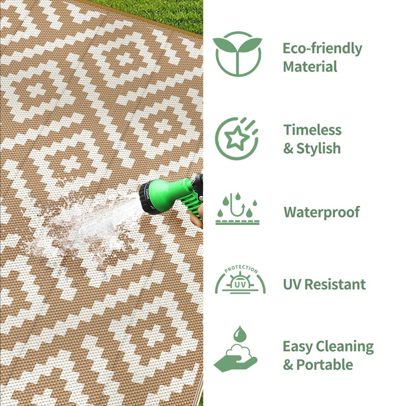 GENIMO Outdoor Rug for Patio Clearance, 6'x9' Waterproof Camping Mat, Reversible Plastic Straw Rugs for RV, Camper, Balcony, Backyard, Picnic, Deck (Brown & White) - Image 5