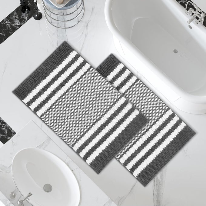 BATHROOM RUGS SET 2 PIECE EXTRA SOFT AND ABSORBENT FLUFFY STRIPED CHENILLE BATH MAT RUG SET NON SLIP BATHROOM FLOOR MAT MACHINE WASHABLE 20 X 32 PLUS 20 X 32 DARK GRAY