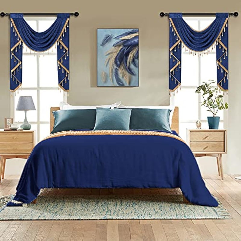 ELKCA Royal Blue Chenille Waterfall Valance for Living Room Single Hollow Swag Valance for Kitchen1 Panel