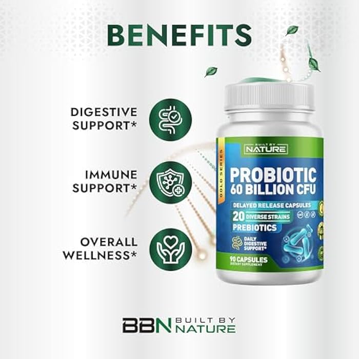 Built by Nature Probiotic 60 Billion CFU – 20 Strains + Prebiotics – Immune & Digestive Support – for Women & Men – Delayed Release Capsules, Shelf Stable – 3 Month Supply - 90 Capsules - Image 2