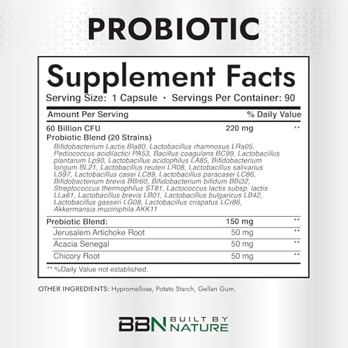 Built by Nature Probiotic 60 Billion CFU – 20 Strains + Prebiotics – Immune & Digestive Support – for Women & Men – Delayed Release Capsules, Shelf Stable – 3 Month Supply - 90 Capsules - Image 4