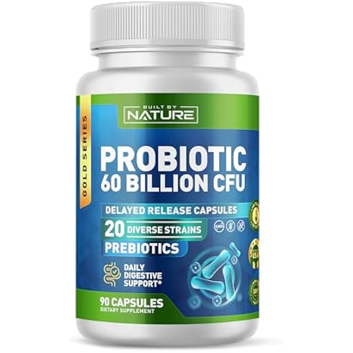Built by Nature Probiotic 60 Billion CFU – 20 Strains + Prebiotics – Immune & Digestive Support – for Women & Men – Delayed Release Capsules, Shelf Stable – 3 Month Supply - 90 Capsules - Image 1