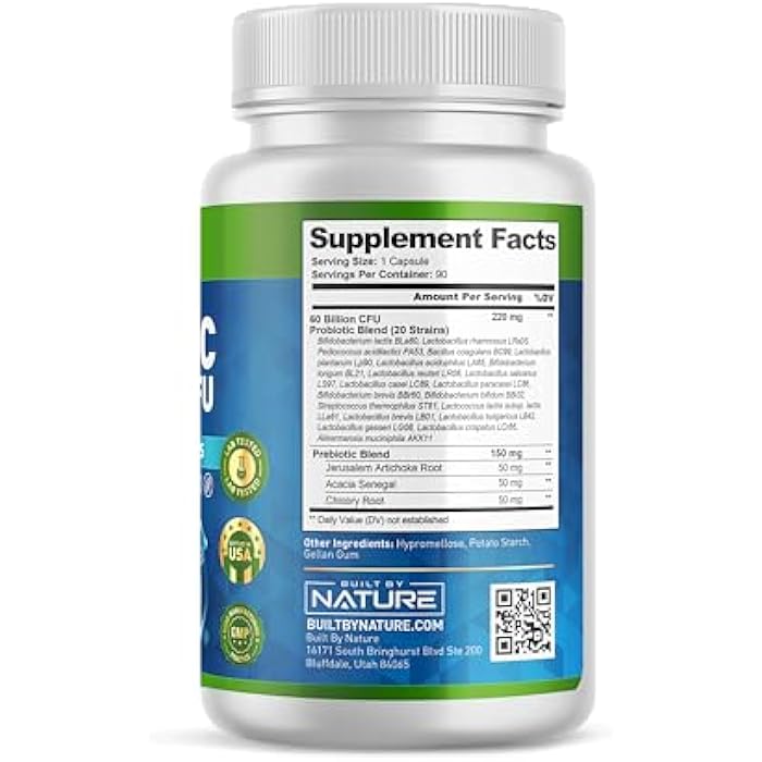 Built by Nature Probiotic 60 Billion CFU – 20 Strains + Prebiotics – Immune & Digestive Support – for Women & Men – Delayed Release Capsules, Shelf Stable – 3 Month Supply - 90 Capsules - Image 5