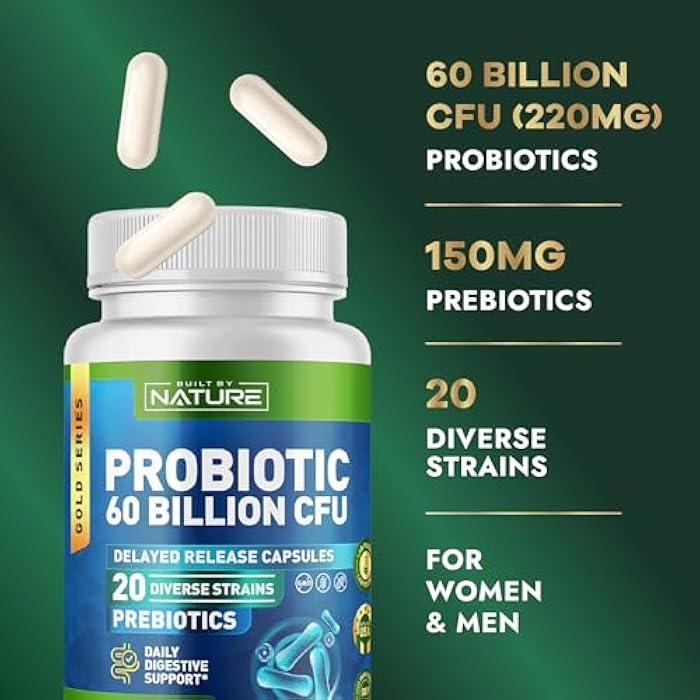 Built by Nature Probiotic 60 Billion CFU – 20 Strains + Prebiotics – Immune & Digestive Support – for Women & Men – Delayed Release Capsules, Shelf Stable – 3 Month Supply - 90 Capsules - Image 3