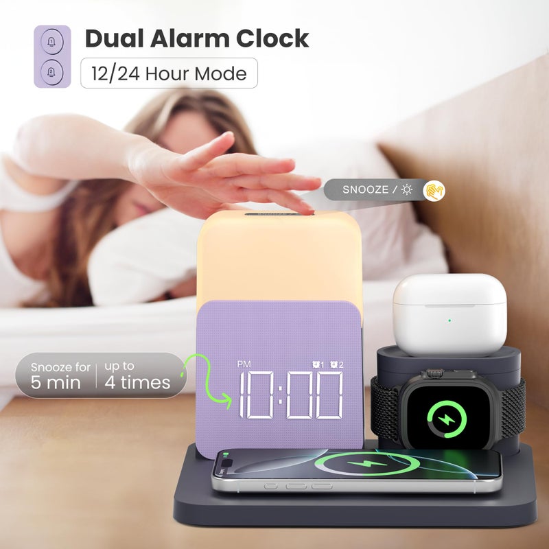 RichBird Alarm Clock Charging Station for Bedrooms, 7 in 1 Wireless Charging Station, Magnetic Charger with Night Light Bedside Clock for iPhone 17 16 15 14 13 12 Pro Max, Apple Watch, AirPods (Deep Purple) - Image 3
