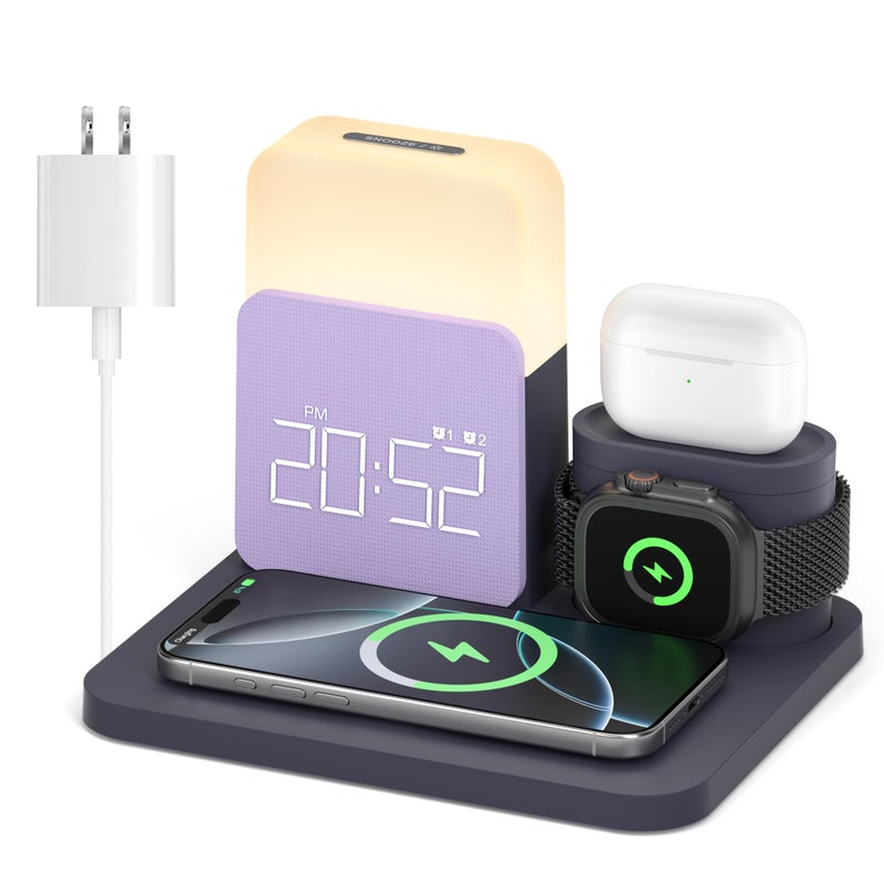 RichBird Alarm Clock Charging Station for Bedrooms, 7 in 1 Wireless Charging Station, Magnetic Charger with Night Light Bedside Clock for iPhone 17 16 15 14 13 12 Pro Max, Apple Watch, AirPods (Deep Purple) - Image 1