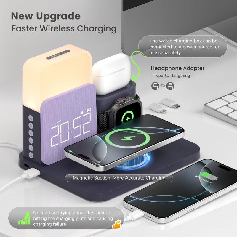 RichBird Alarm Clock Charging Station for Bedrooms, 7 in 1 Wireless Charging Station, Magnetic Charger with Night Light Bedside Clock for iPhone 17 16 15 14 13 12 Pro Max, Apple Watch, AirPods (Deep Purple) - Image 2