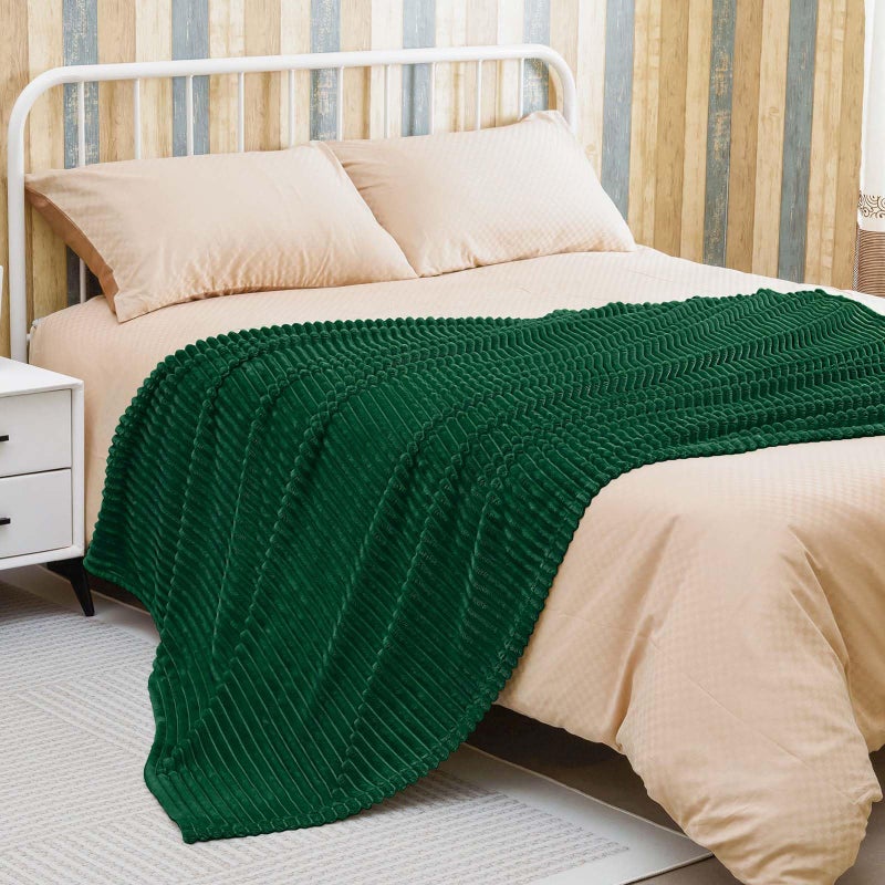 Bnuitland Bnuitland Dark Green Flannel Throw with Storage Pouch 300GSM Super Soft Fleece Stripe Pattern Sofa Blanket for Adults and Kids  Lightweight Cozy Bed Throw for Home Decor All Season  - Image 5