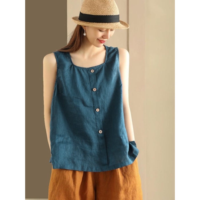 Summer New Vintage Womens Cotton Linen Sleeveless Cotton Linen Vest Loose Sling All-match Slim-fit Base Top Blue theme - Image 1
