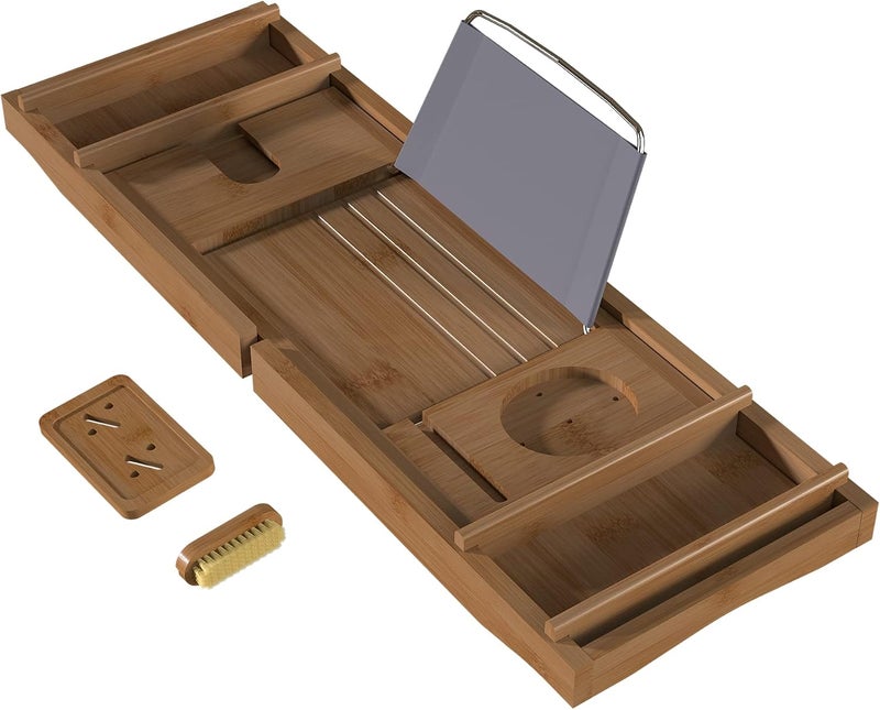 Bamfan Bath Caddy Tray for Bathtub - Bamboo Adjustable Organizer Tray for Bathroom with Free Soap Dish Suitable for Luxury Spa or Reading(Walnut) - Image 1