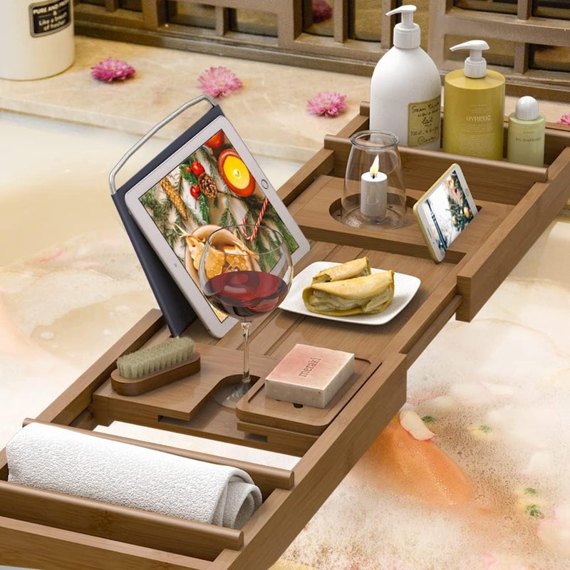 Bamfan Bath Caddy Tray for Bathtub - Bamboo Adjustable Organizer Tray for Bathroom with Free Soap Dish Suitable for Luxury Spa or Reading(Walnut) - Image 4