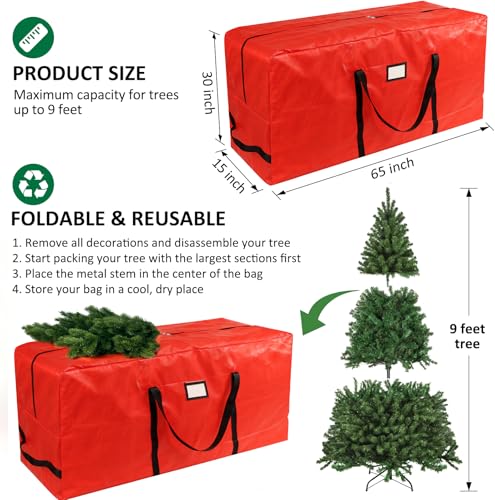 HABGP 9 ft Christmas Tree Storage Bag, Fits Artificial Xmas Holiday Tree, Durable Christmas Tree Storage Box Waterproof Material with Zippered Bag & Carry Handles, Protects from Dust, Moisture - Red - Image 3
