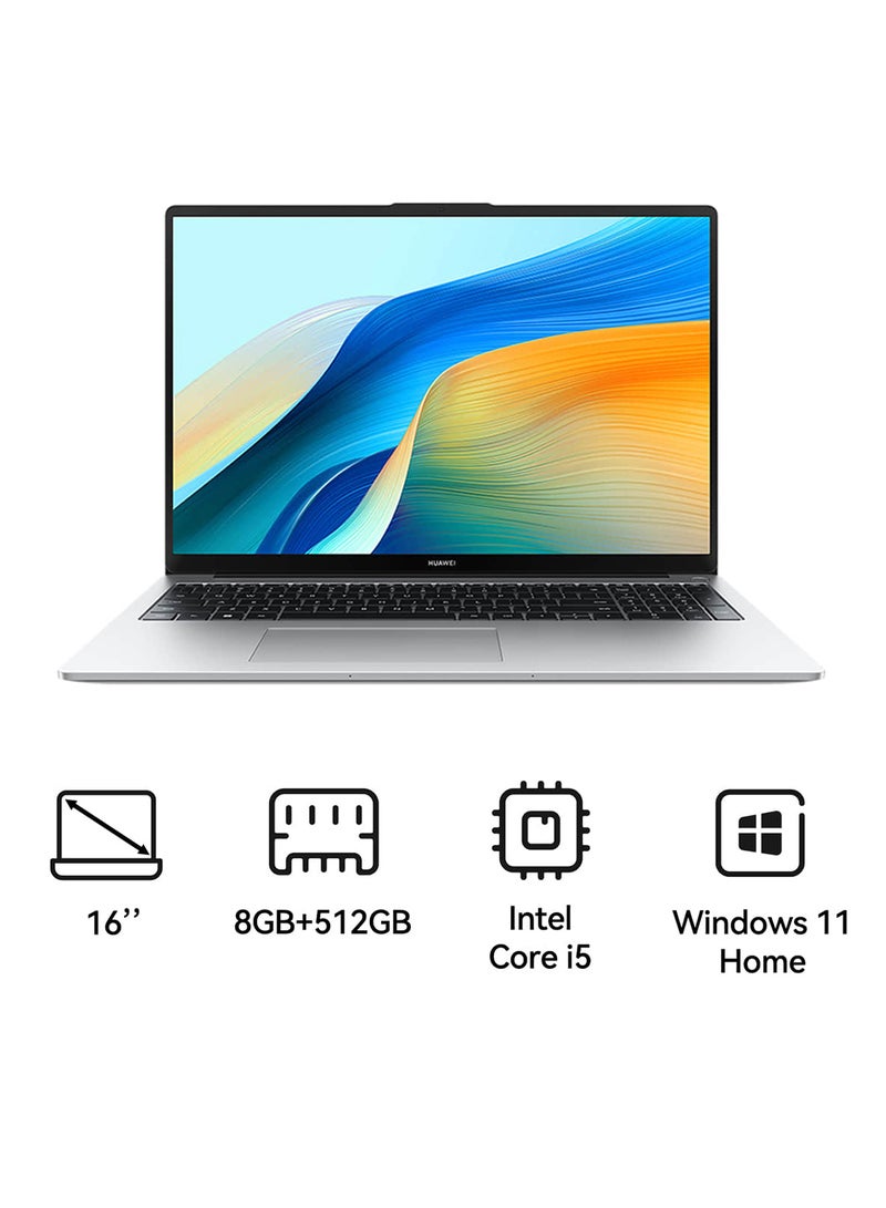 HUAWEI MateBook D 16 Laptop with 16-inch Eye Comfort FullView Display, Core i5-12450H Processor/8GB RAM/512GB SSD/Windows 11 Home/Intel UHD Graphics With Light and Metal Body And Nimble Numeric Keypad English/Arabic Mystic Silver - Image 1