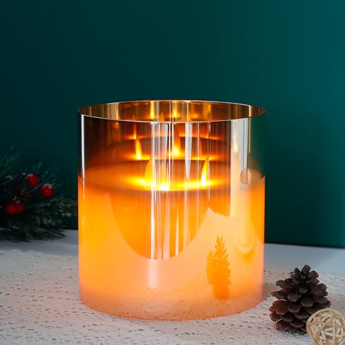 JHY DESIGN Large Moving 3 Wicks Battery Candle with 6-Hour Timer Function 6“ Dia Flameless Candle Battery Powered, Simulation 3D Glass LED Candle for Party Home Xmas Festivel Table Bar(Gold) - Image 1
