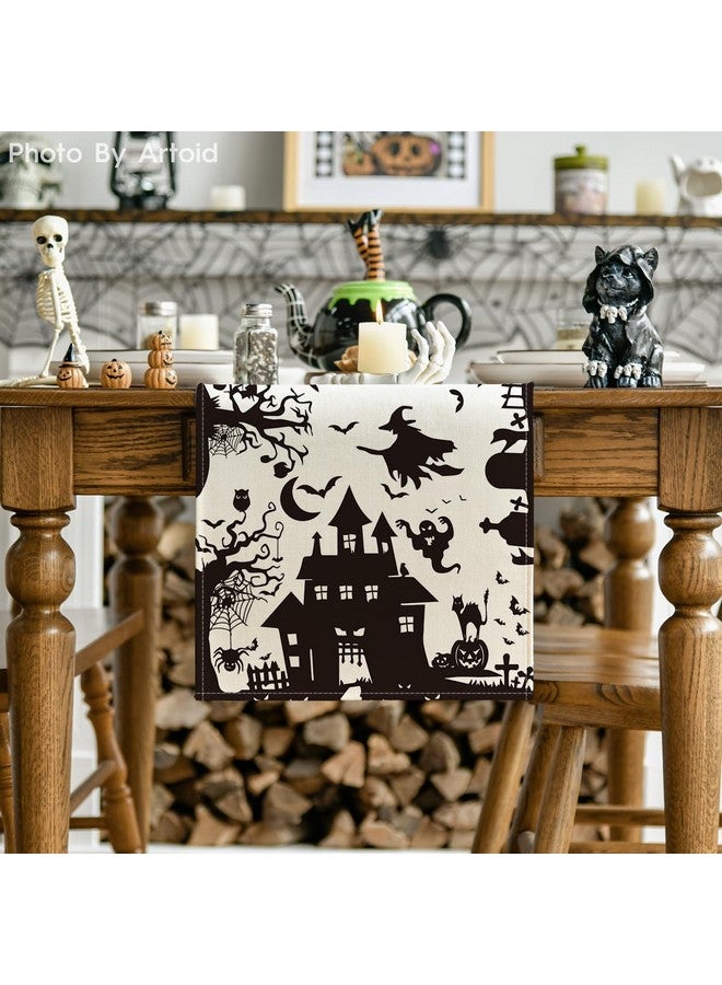 Artoid Mode Black White Spooky Haunted House Tree Ghost Witch Halloween Table Runner, Fall Kitchen Dining Table Decoration for Home Party Decor 13x72 Inch - Image 1