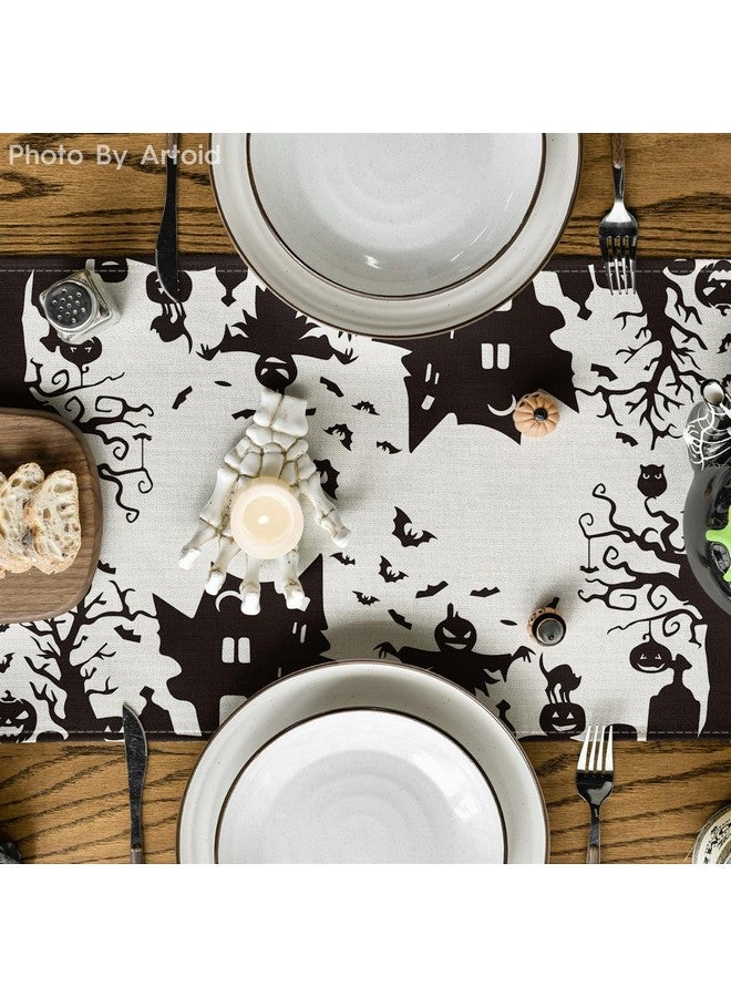 Artoid Mode Black White Spooky Haunted House Tree Ghost Witch Halloween Table Runner, Fall Kitchen Dining Table Decoration for Home Party Decor 13x72 Inch - Image 2