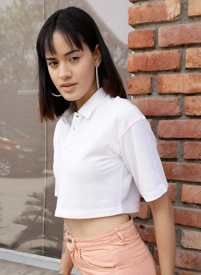 STREET 9 BASICS White Crop Polo T-Shirt for Women