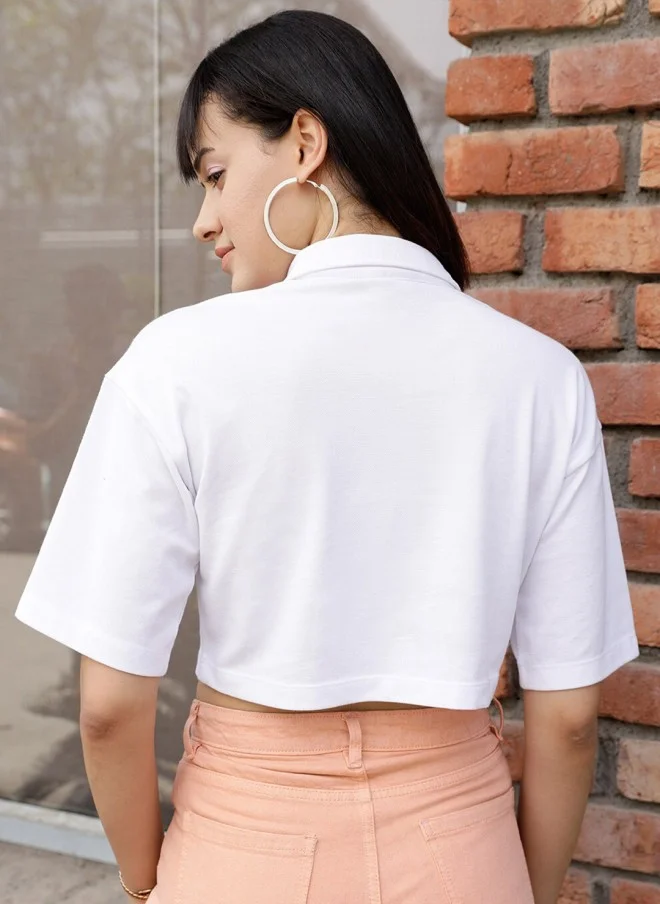 STREET 9 BASICS White Crop Polo T-Shirt for Women