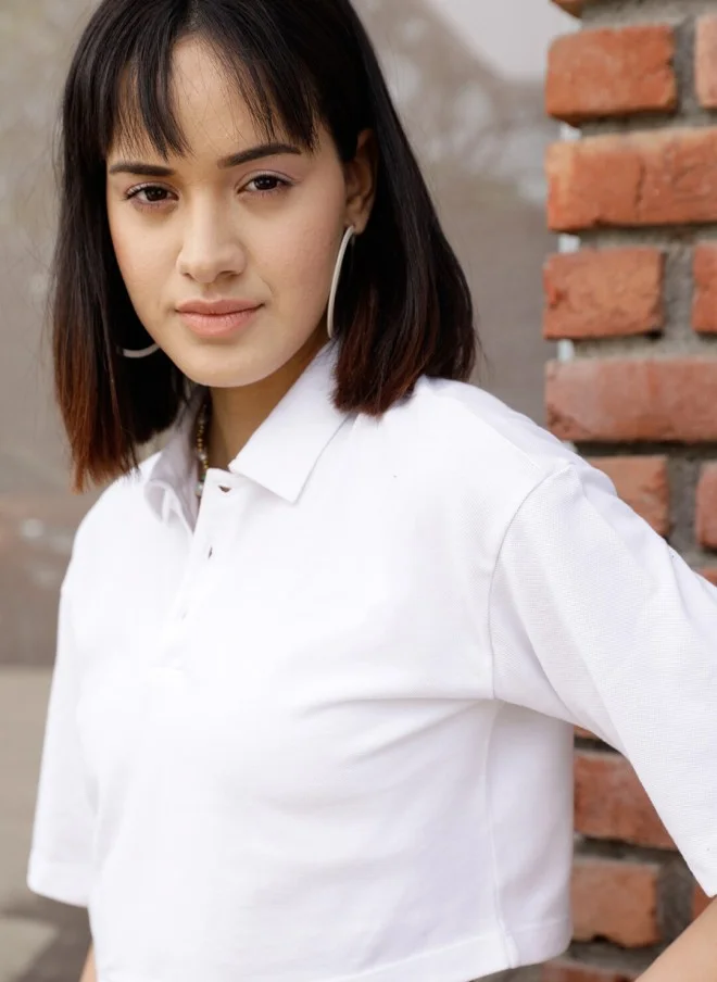 STREET 9 BASICS White Crop Polo T-Shirt for Women