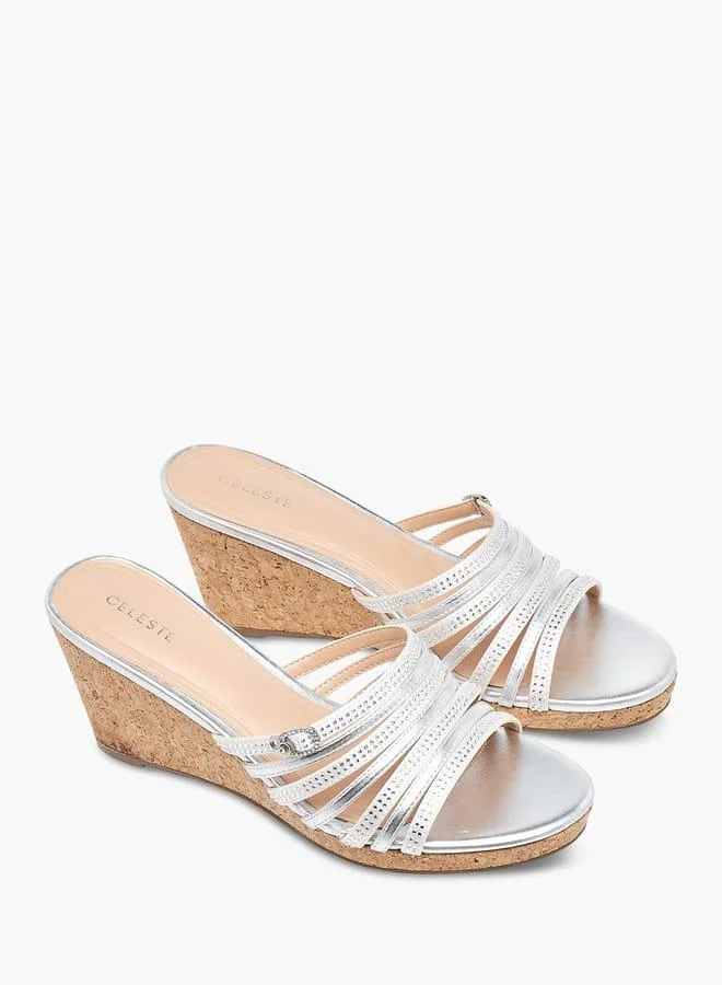 سيليست صنادل نسائية بكعب إسفين مرصع بإغلاق سهل الارتداء