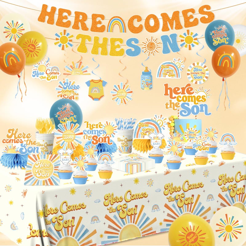 Peghoqu Here Comes The Son Baby Shower Tableware Decor for Boys,Boho Rainbow Sun Themed Party Decorations Disposable Banner,Tablecloth,Plates,Napkin,Balloon,Cupcake Topper,Serve 24 - Image 5