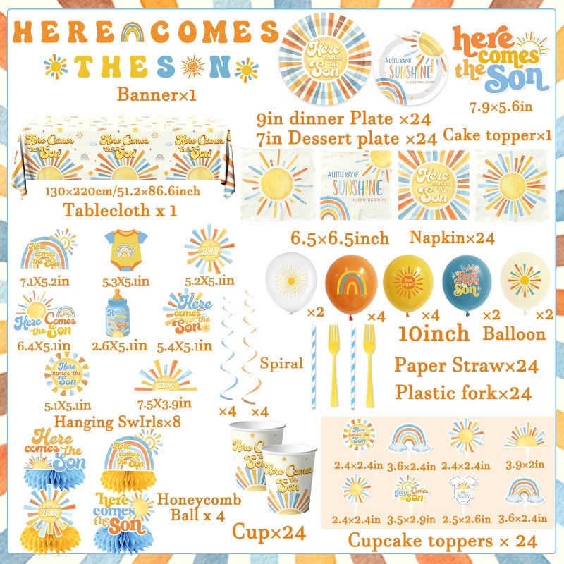 Peghoqu Here Comes The Son Baby Shower Tableware Decor for Boys,Boho Rainbow Sun Themed Party Decorations Disposable Banner,Tablecloth,Plates,Napkin,Balloon,Cupcake Topper,Serve 24 - Image 3