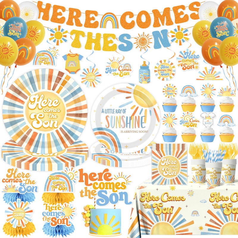 Peghoqu Here Comes The Son Baby Shower Tableware Decor for Boys,Boho Rainbow Sun Themed Party Decorations Disposable Banner,Tablecloth,Plates,Napkin,Balloon,Cupcake Topper,Serve 24 - Image 1